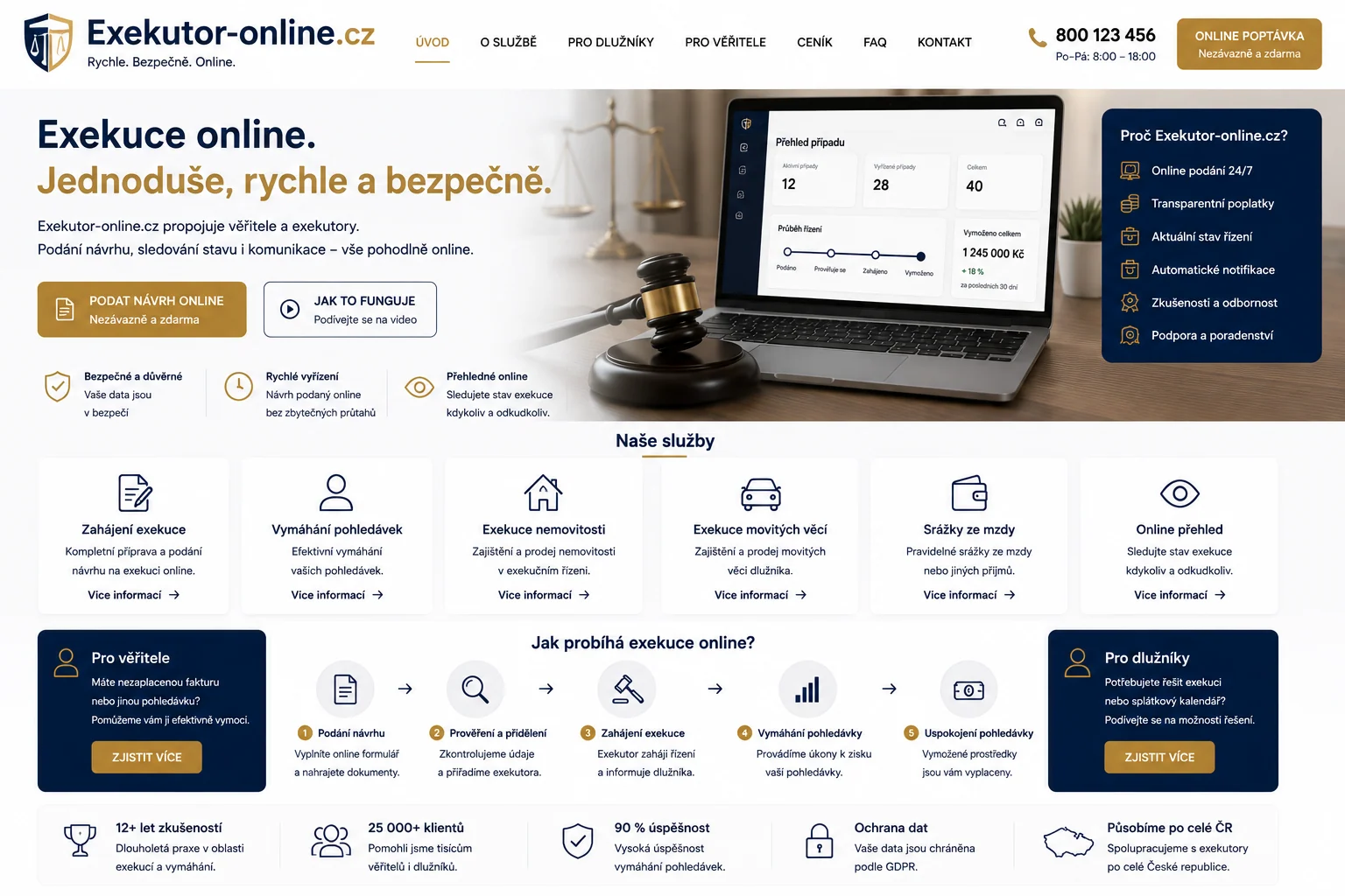 Ilustrační návrh Exekutor-online.cz s notebookem a modro-zlatým právním rozhraním